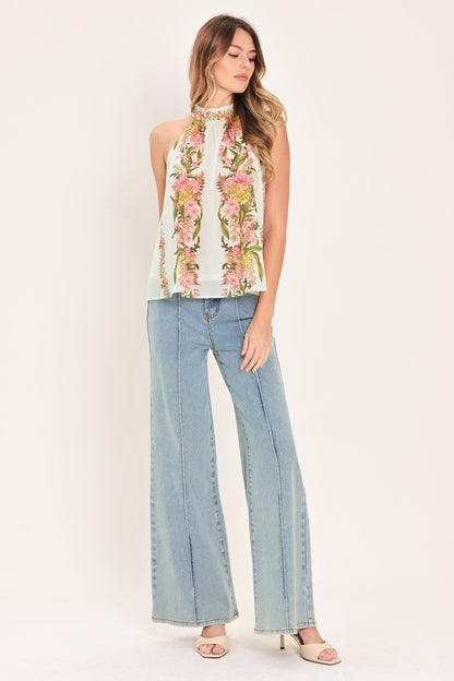 BOTANICAL ESCAPE WOVEN HALTER TOP