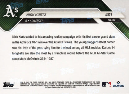 2025 Topps Now Nick Kurtz #401 Orange Foil /25 Athletics Rookie RC Baseball Card