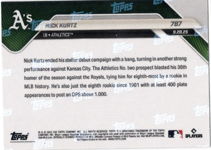 2025 Topps Now Nick Kurtz #787 Black Foil /10 Athletics Rookie RC Baseball Card