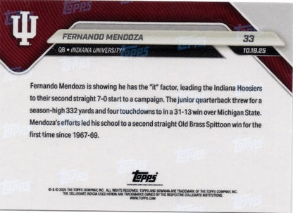 2025 Topps Bowman U Now Fernando Mendoza #33 Gold Foil /50 Indiana Hoosiers Rookie RC Football Card