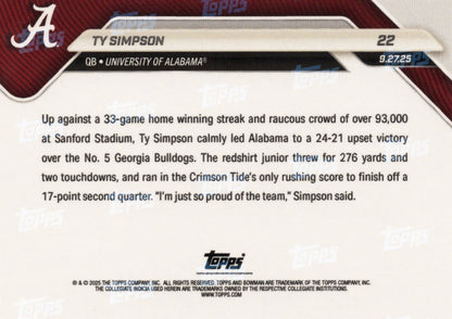 2025 Topps Bowman U Now Ty Simpson #22 Orange Foil /25 Alabama Crimson Tide Rookie RC Football Card