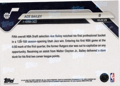 2025 Topps Now Ace Bailey #9 Green Foil /99 Utah Jazz Rookie RC Basketball Card