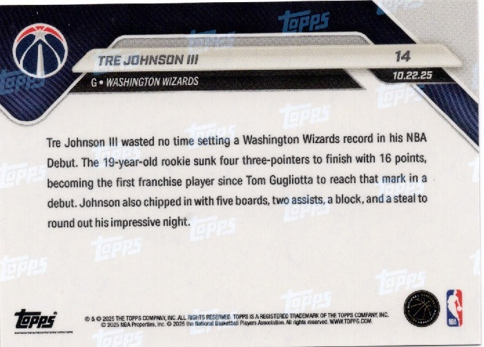 2025 Topps Now Tre Johnson #14 Black Foil /10 Washington Wizards Rookie RC Basketball Card