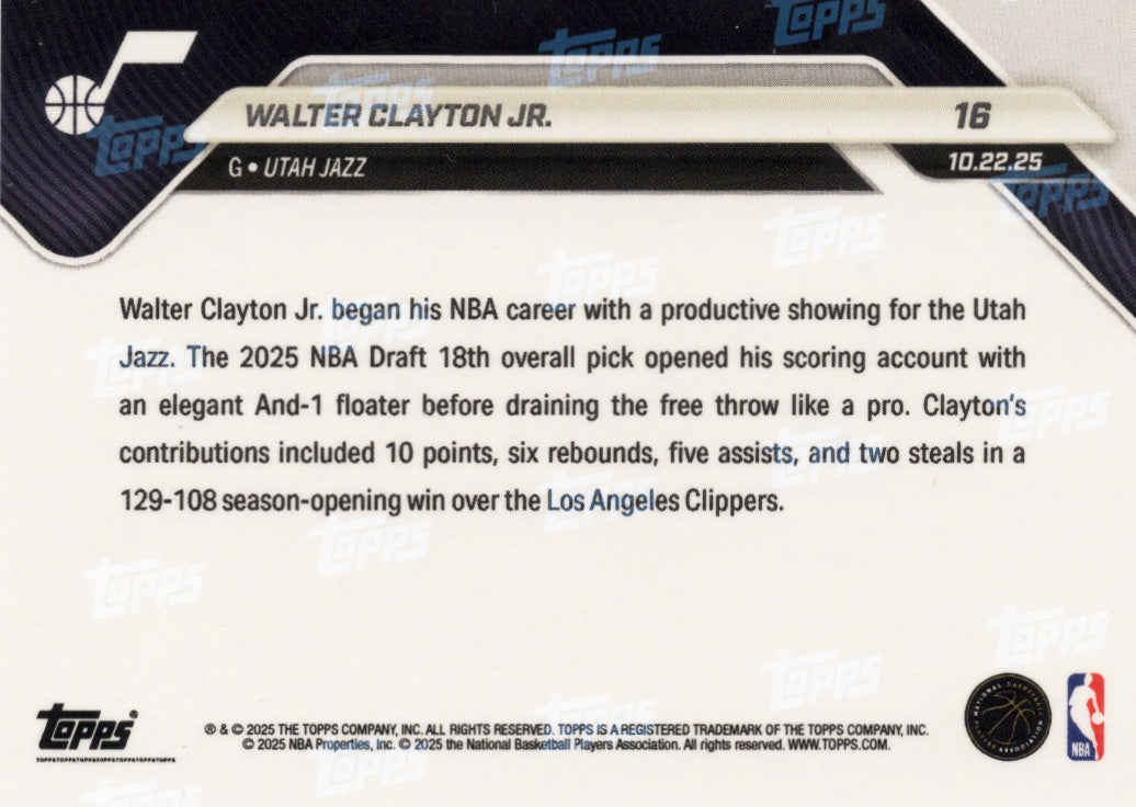 2025 Topps Now Walter Clayton Jr #16 Gold Foil /50 Utah Jazz Rookie RC Basketball Card
