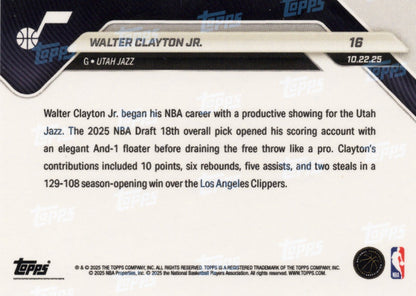 2025 Topps Now Walter Clayton Jr #16 Black Foil /10 Utah Jazz Rookie RC Basketball Card