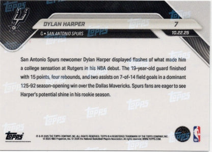 2025 Topps Now Dylan Harper #7 Green Foil /99 San Antonio Spurs Rookie RC Basketball Card