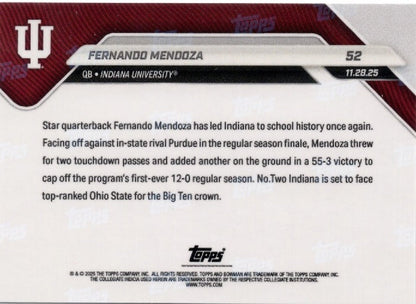 2025 Topps Bowman U Now Fernando Mendoza #52 Orange Foil /25 Indiana Hoosiers Rookie RC Football Card