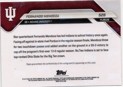 2025 Topps Bowman U Now Fernando Mendoza #52B Red Auto /5 Indiana Hoosiers Rookie RC Football Card