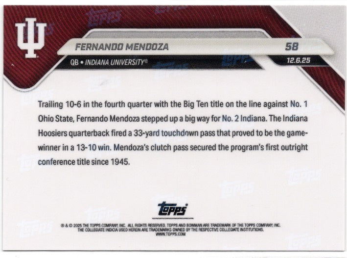2025 Topps Bowman U Now Fernando Mendoza #58 Black Foil /10 Indiana Hoosiers Rookie RC Football Card