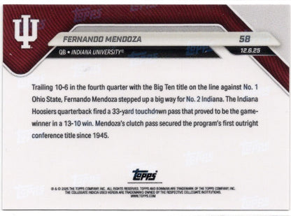 2025 Topps Bowman U Now Fernando Mendoza #58 Black Foil /10 Indiana Hoosiers Rookie RC Football Card