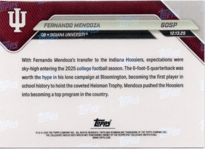 2025 Topps Bowman U Now Fernando Mendoza #60SP Indiana Hoosiers Rookie RC Football Card