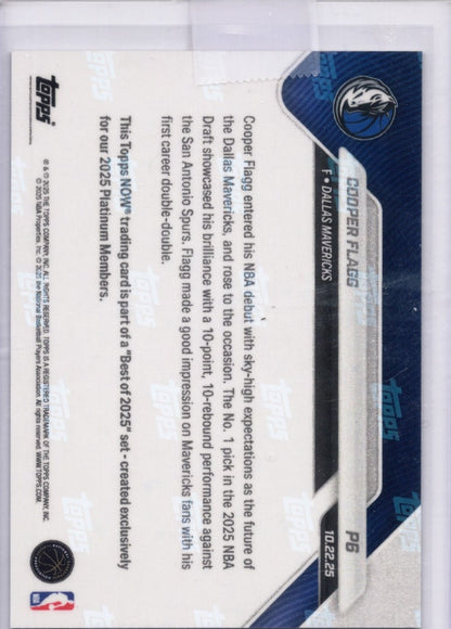 2025 Topps Now Cooper Flagg #P6 Platinum Member Dallas Mavericks Rookie RC Basketball Card