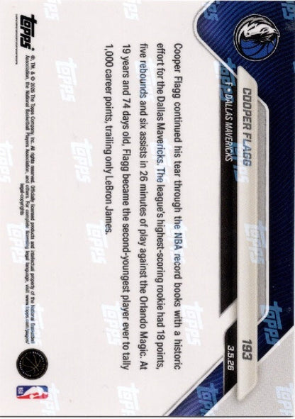 2025 Topps Now Cooper Flagg #193 Orange Foil /25 Dallas Mavericks Rookie RC Basketball Card
