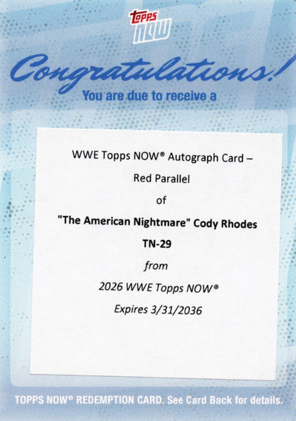 2026 Topps Now WWE Cody Rhodes #29 Red Auto /5 Redemption Wrestling Card