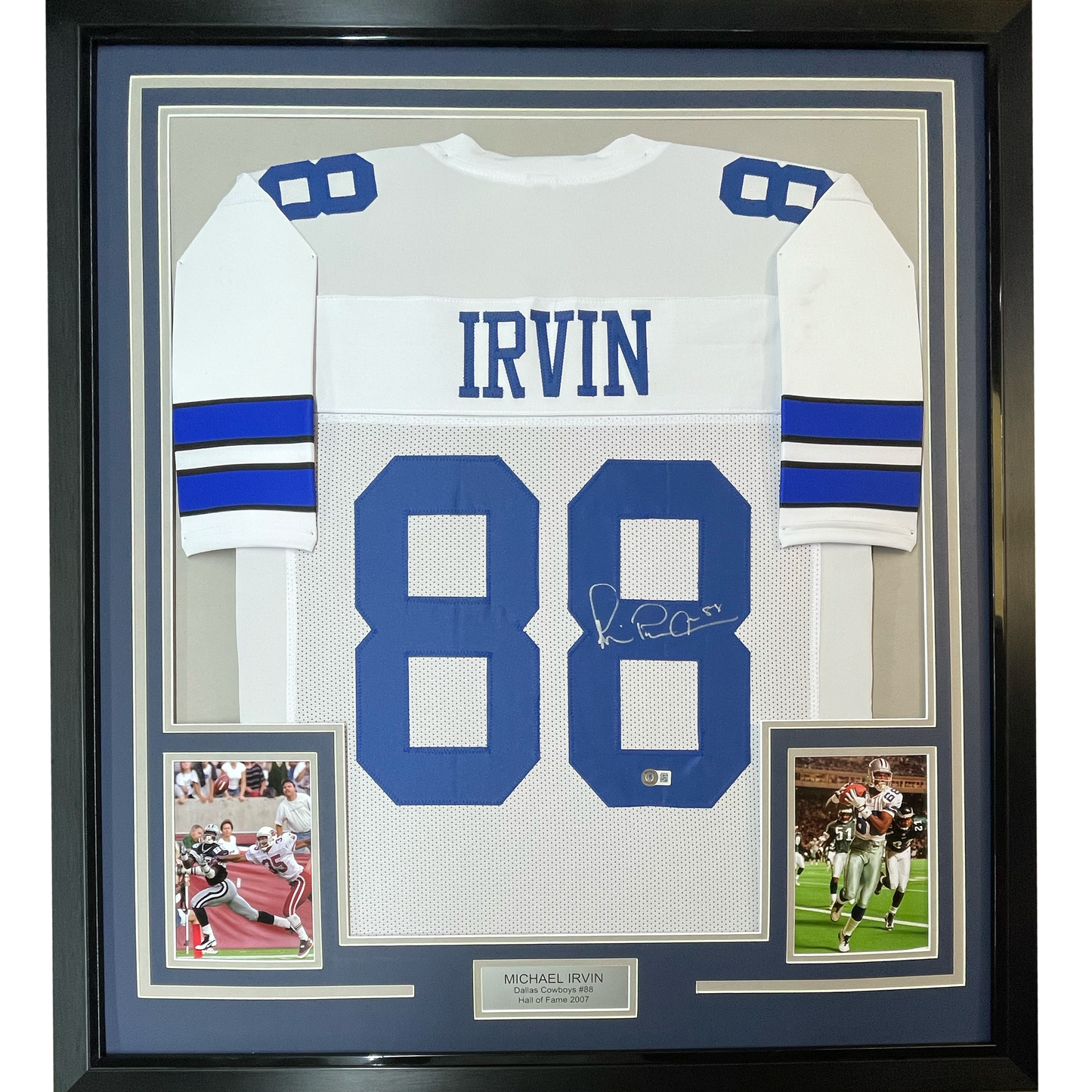Framed Autographed/Signed Michael Irvin 35x39 Dallas White Football Jersey Beckett BAS COA