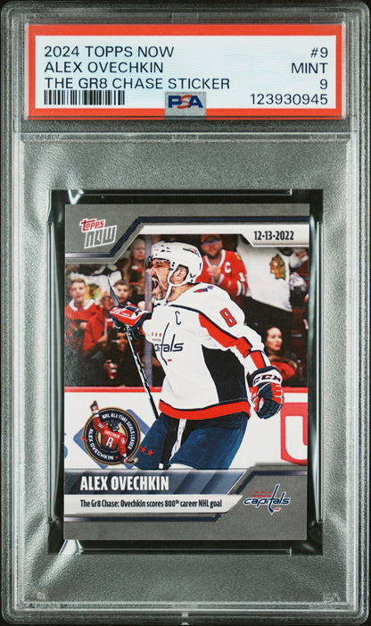 Graded 2024 Topps Now Alex Ovechkin #9 The GR8 Chase Sticker Hockey Card PSA 9 Mint