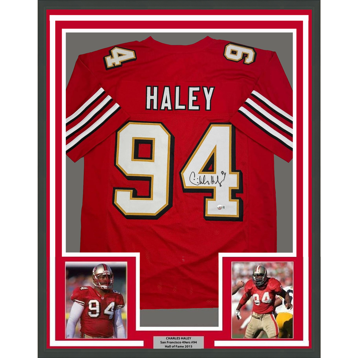 Framed Autographed/Signed Charles Haley 35x39 San Francisco Red Alternate Football Jersey JSA COA