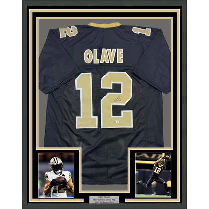 Framed Autographed/Signed Chris Olave 35x39 New Orleans Black Football Jersey Beckett BAS COA