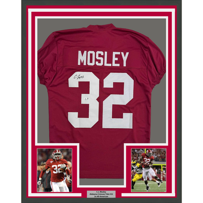 Framed Autographed/Signed C.J. CJ 35x39 Mosley Alabama Red College Football Jersey Beckett BAS COA