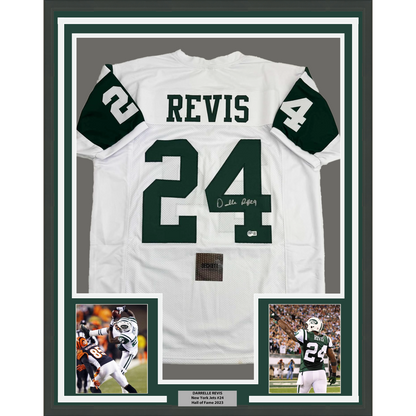 Framed Autographed/Signed Darrelle Revis 35x39 New York White Football Jersey Beckett BAS COA