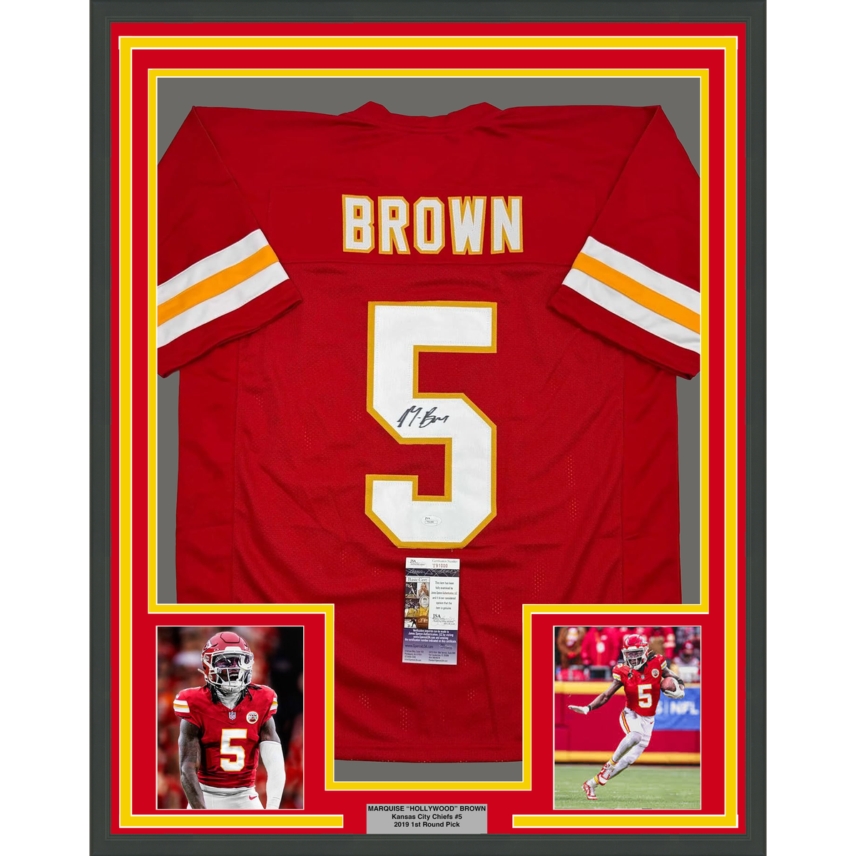 Framed Autographed/Signed Marquise Hollywood Brown 35x39 Kansas City Red Football Jersey JSA COA