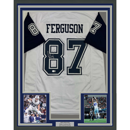 Framed Autographed/Signed Jake Ferguson 35x39 Dallas White Color Rush Football Jersey Beckett BAS COA