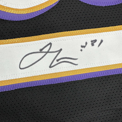 Framed Autographed/Signed Jamal Lewis 35x39 Baltimore Black Football Jersey Beckett BAS COA