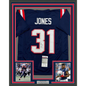 Framed Autographed/Signed Jonathan Jones 35x39 New England Blue Football Jersey JSA COA