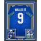 Framed Autographed/Signed Kenneth Walker 35x39 Seattle Retro Blue Football Jersey Beckett BAS COA