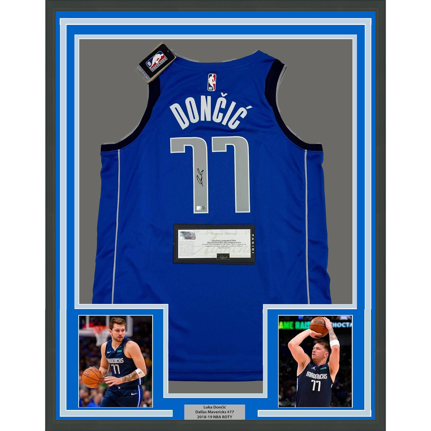 Framed Autographed/Signed Luka Doncic 35x39 Dallas Mavericks Blue Authentic Basketball Jersey Panini COA