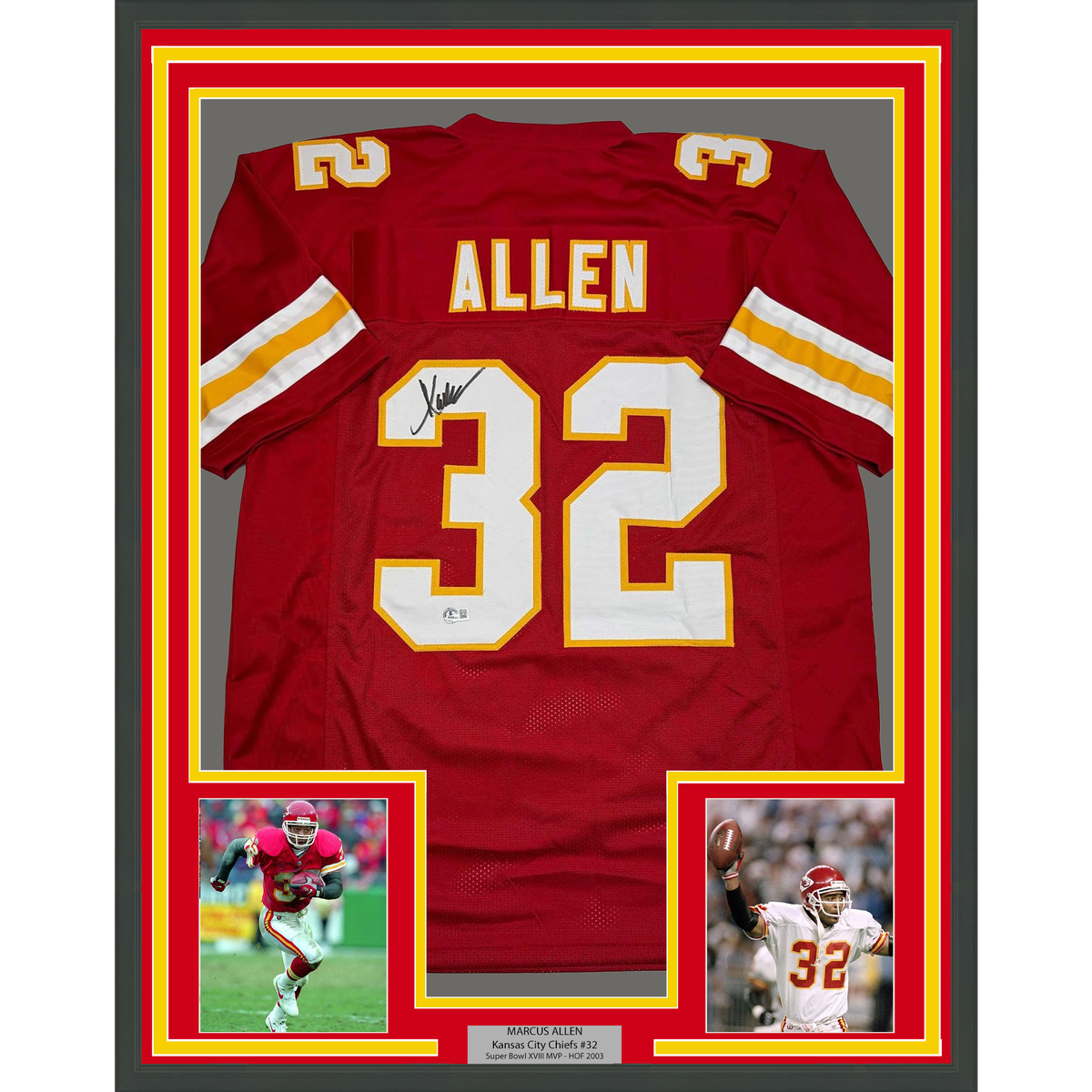 Framed Autographed/Signed Marcus Allen 35x39 Kansas City Red Football Jersey Beckett BAS COA