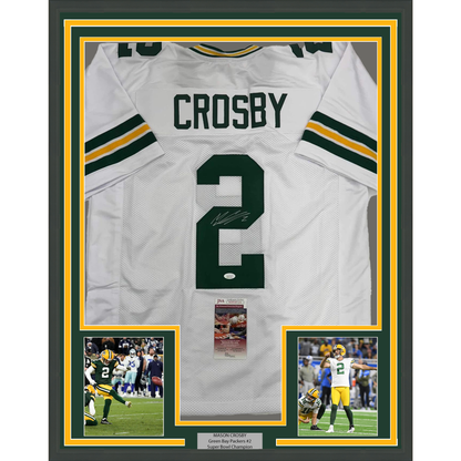 Framed Autographed/Signed Mason Crosby 35x39 Green Bay White Football Jersey JSA COA