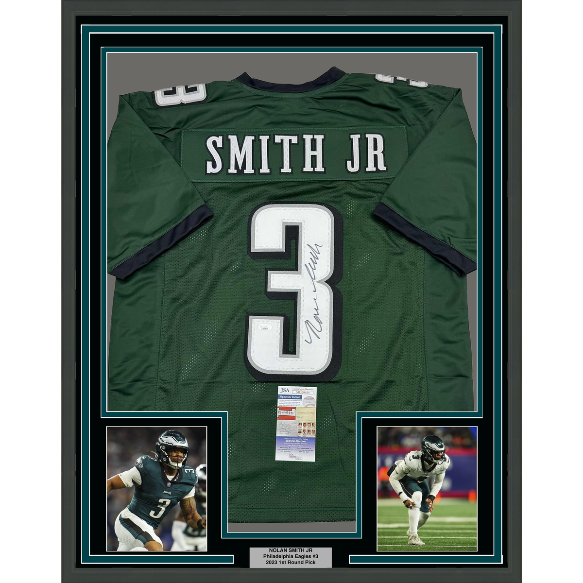 Framed Autographed/Signed Nolan Smith Jr. 35x39 Philadelphia Green Football Jersey JSA COA