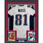 Framed Autographed/Signed Randy Moss 35x39 New England White Football Jersey Beckett BAS COA