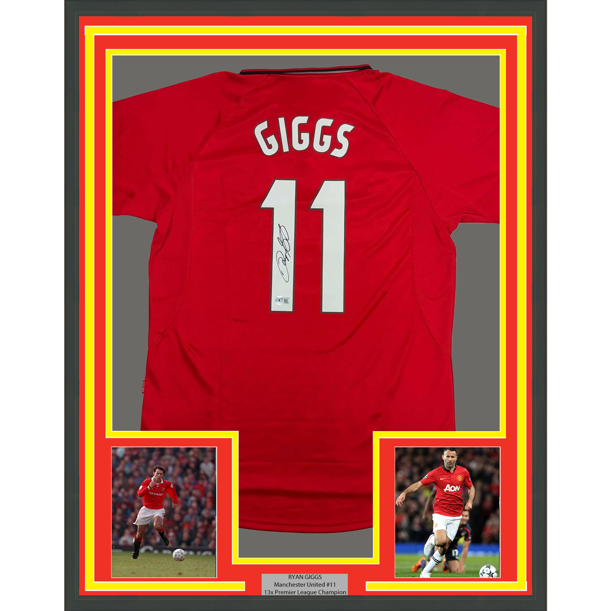 Framed Autographed/Signed Ryan Giggs 35x39 Manchester United Red Soccer Jersey Beckett BAS COA