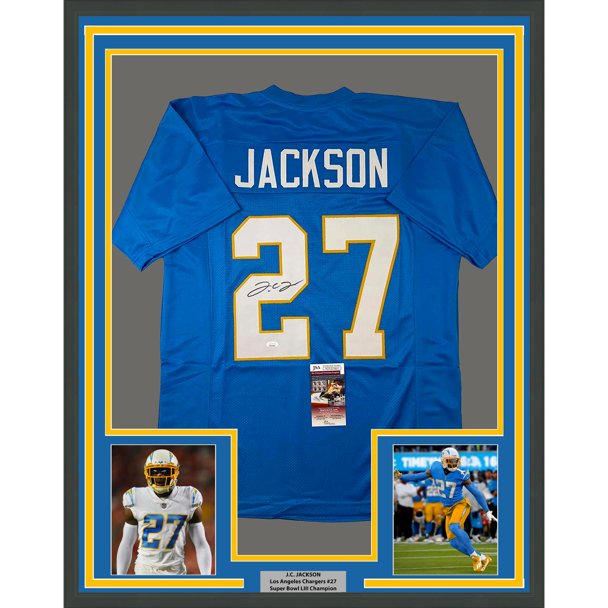 Framed Autographed/Signed JC J.C. Jackson 35x39 Los Angeles LA Powder Blue Football Jersey JSA COA