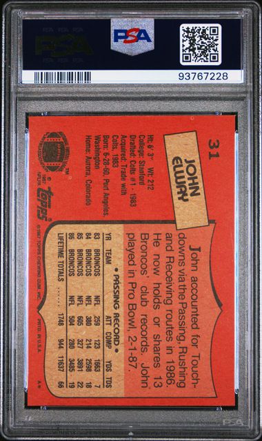 Graded 1987 Topps John Elway #31 Football Card PSA 8 NM-MT