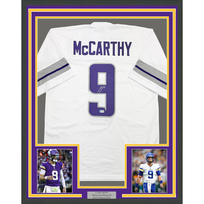 Framed Autographed/Signed J.J. JJ McCarthy 35x39 Minnesota Winter Warrior White Football Jersey Beckett BAS COA