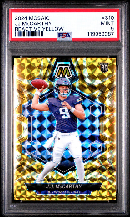 Graded 2024 Panini Mosaic JJ McCarthy #310 Reactive Yellow Rookie RC Football Card PSA 9 Mint