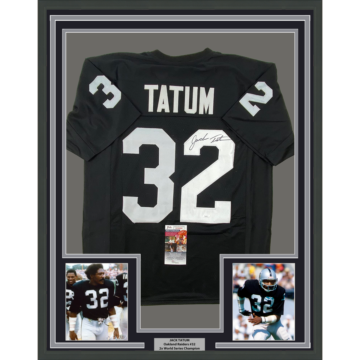 Framed Autographed/Signed Jack Tatum 35x39 Oakland Black Football Jersey JSA COA #2