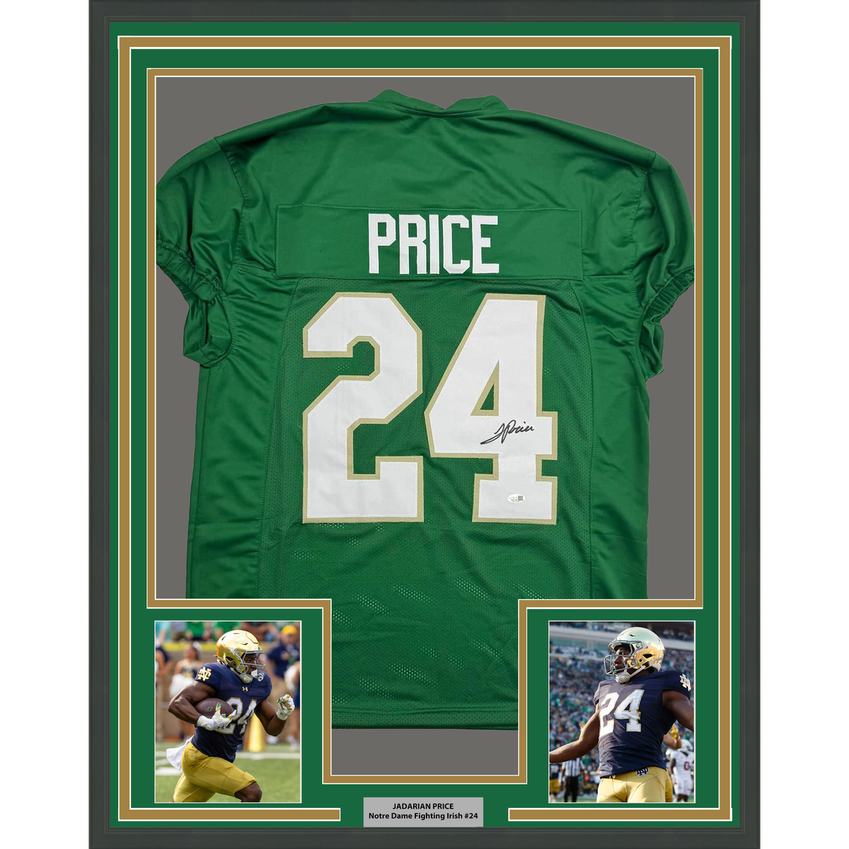 Framed Autographed/Signed JaDarian Price 35x39 Notre Dame Green College Football Jersey JSA COA