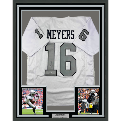 Framed Autographed/Signed Jakobi Meyers 35x39 Las Vegas Oakland White Color Rush Football Jersey Beckett BAS COA