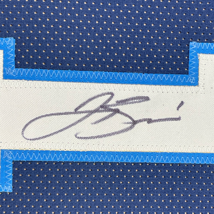 Framed Autographed/Signed Jalen Brunson 35x39 Villanova Blue College Basketball Jersey Beckett BAS COA