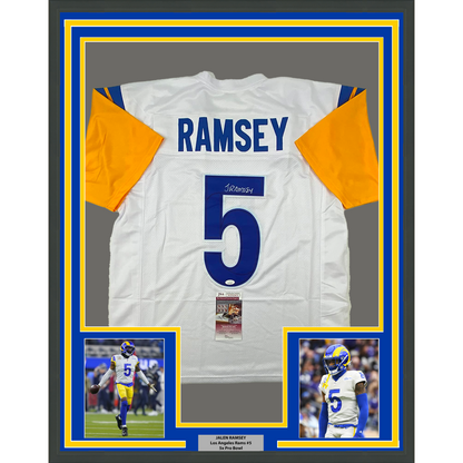 Framed Autographed/Signed Jalen Ramsey 35x39 Los Angeles LA White Football Jersey JSA COA