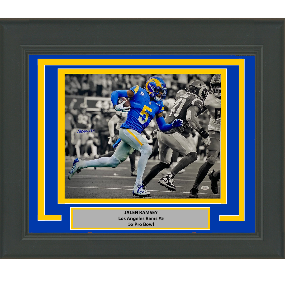 Framed Autographed/Signed Jalen Ramsey Los Angeles LA Rams 16x20 Football Photo JSA COA #2