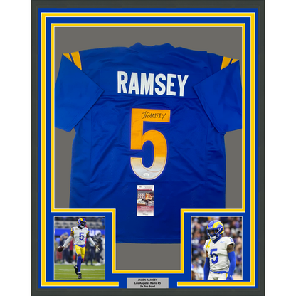 Framed Autographed/Signed Jalen Ramsey 35x39 Los Angeles LA Blue Football Jersey JSA COA