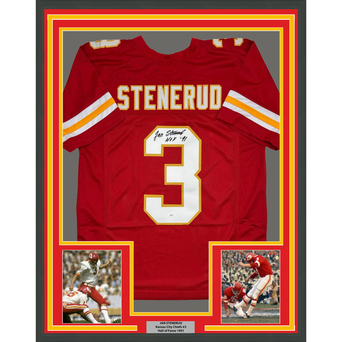 Framed Autographed/Signed Jan Stenerud 35x39 HOF 91 Kansas City Red Football Jersey JSA COA