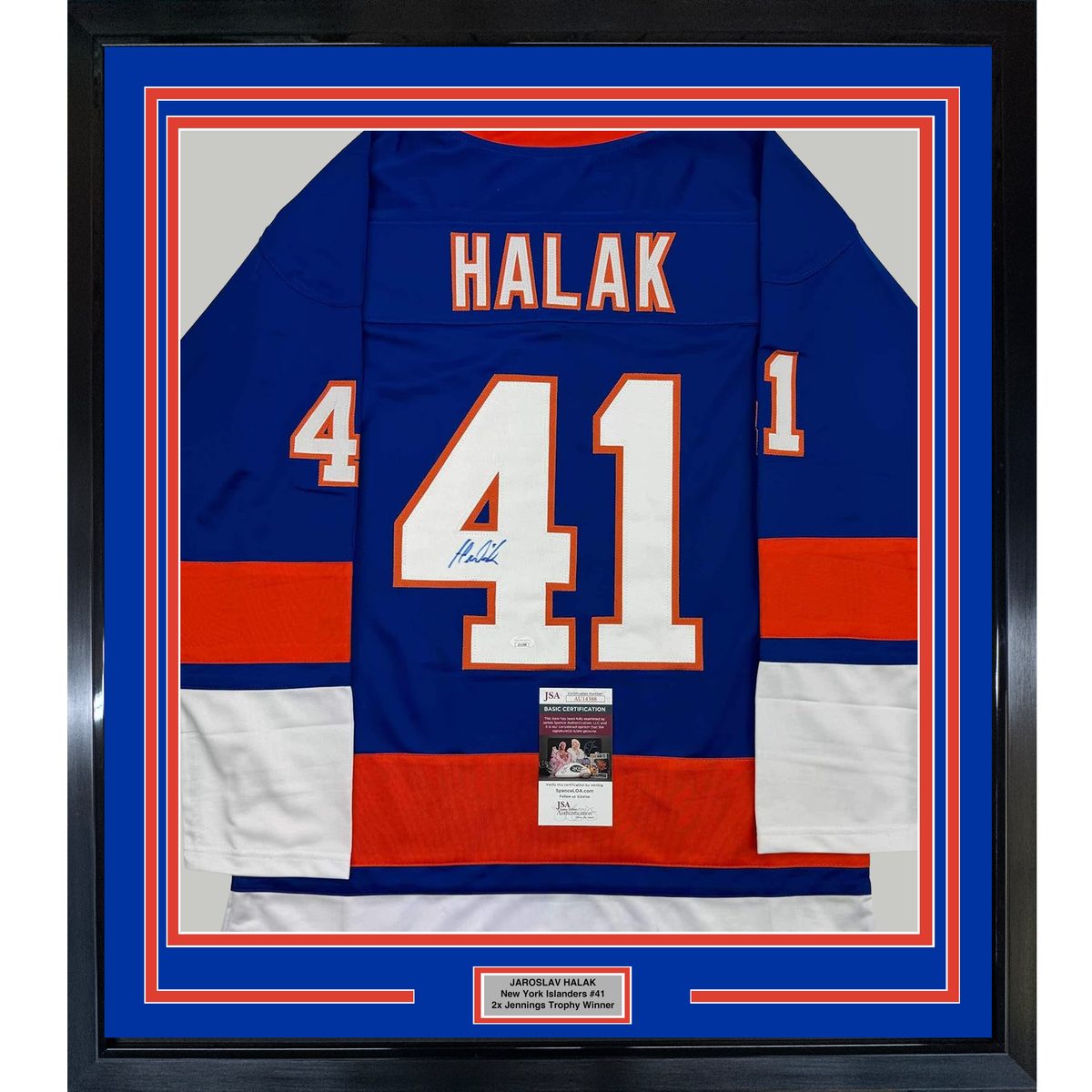 Framed Autographed/Signed Jaroslav Halak 35x39 New York Blue Hockey Jersey JSA COA