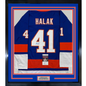 Framed Autographed/Signed Jaroslav Halak 35x39 New York Blue Hockey Jersey JSA COA