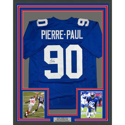Framed Autographed/Signed Jason Pierre-Paul JPP 35x39 New York Blue Football Jersey JSA COA